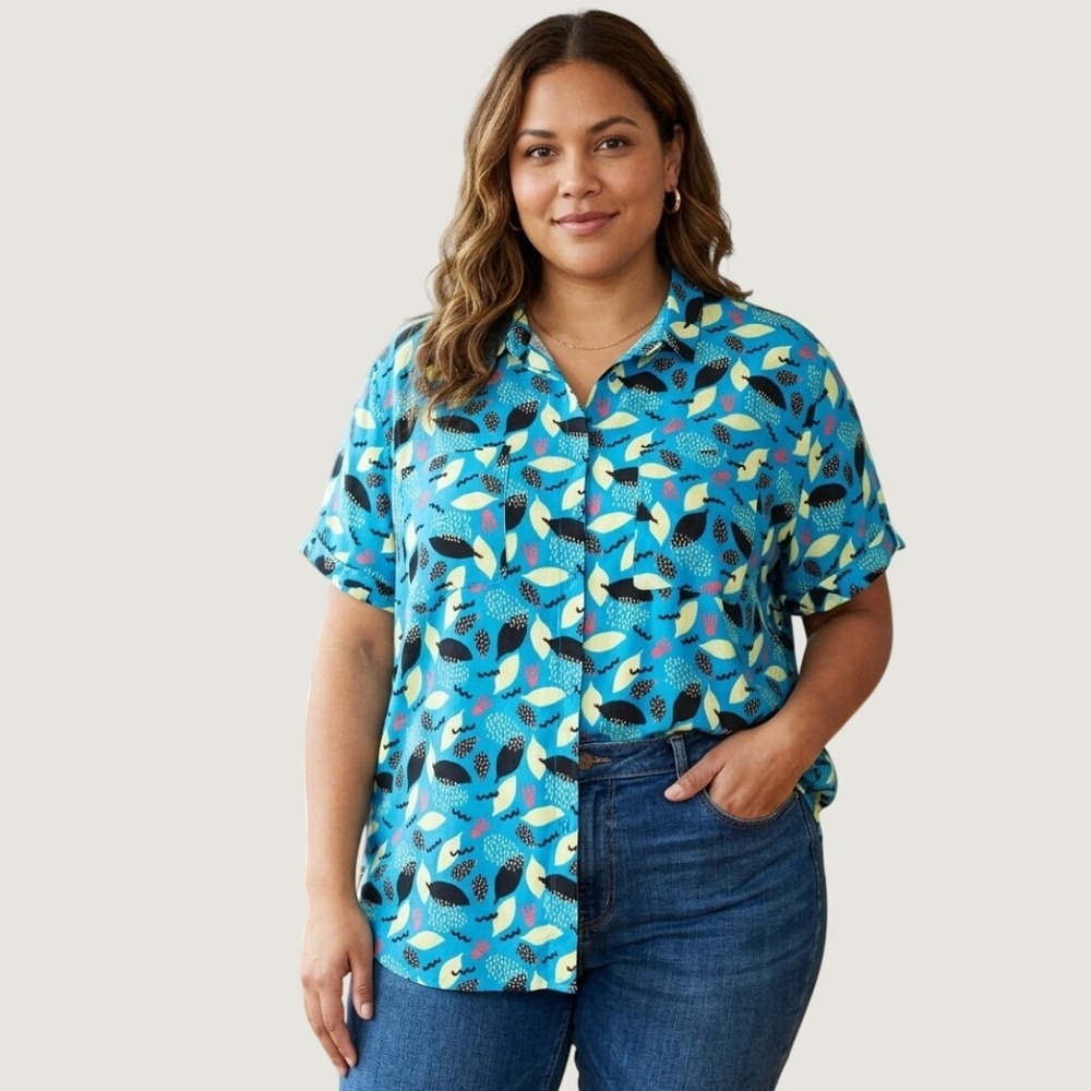 Wildfang The Empower SS Button Up Shirt Blue Abstract Print Rayon Plus Size 3X